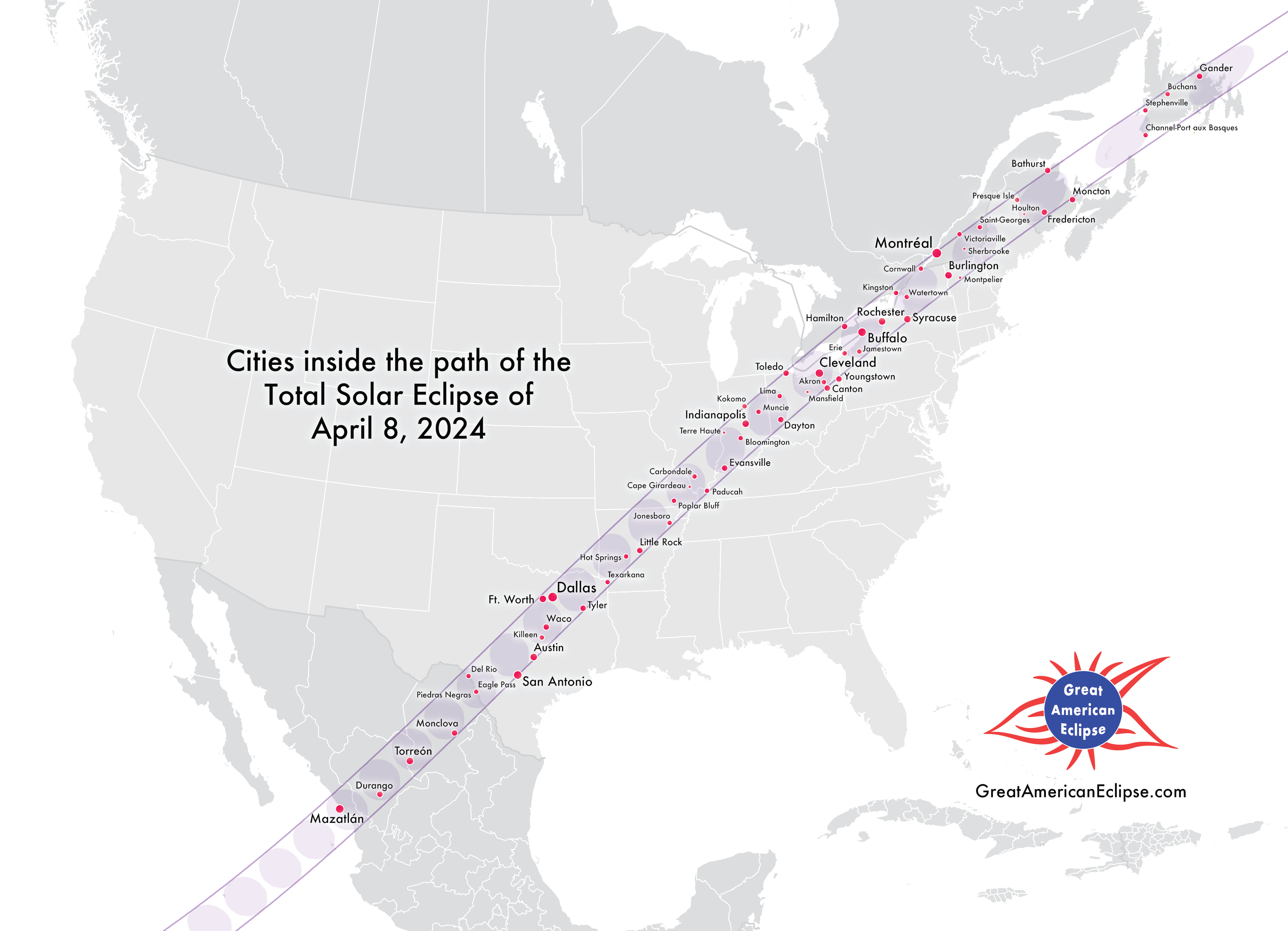 ▲今回の日食が見られる地域(Credit:Michael Zeiler,GreatAmericanEclipse.com)